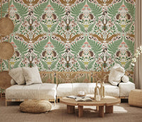 Sage ferns spread across a quiet lounge through this woodland animals wallpaper., GD9684