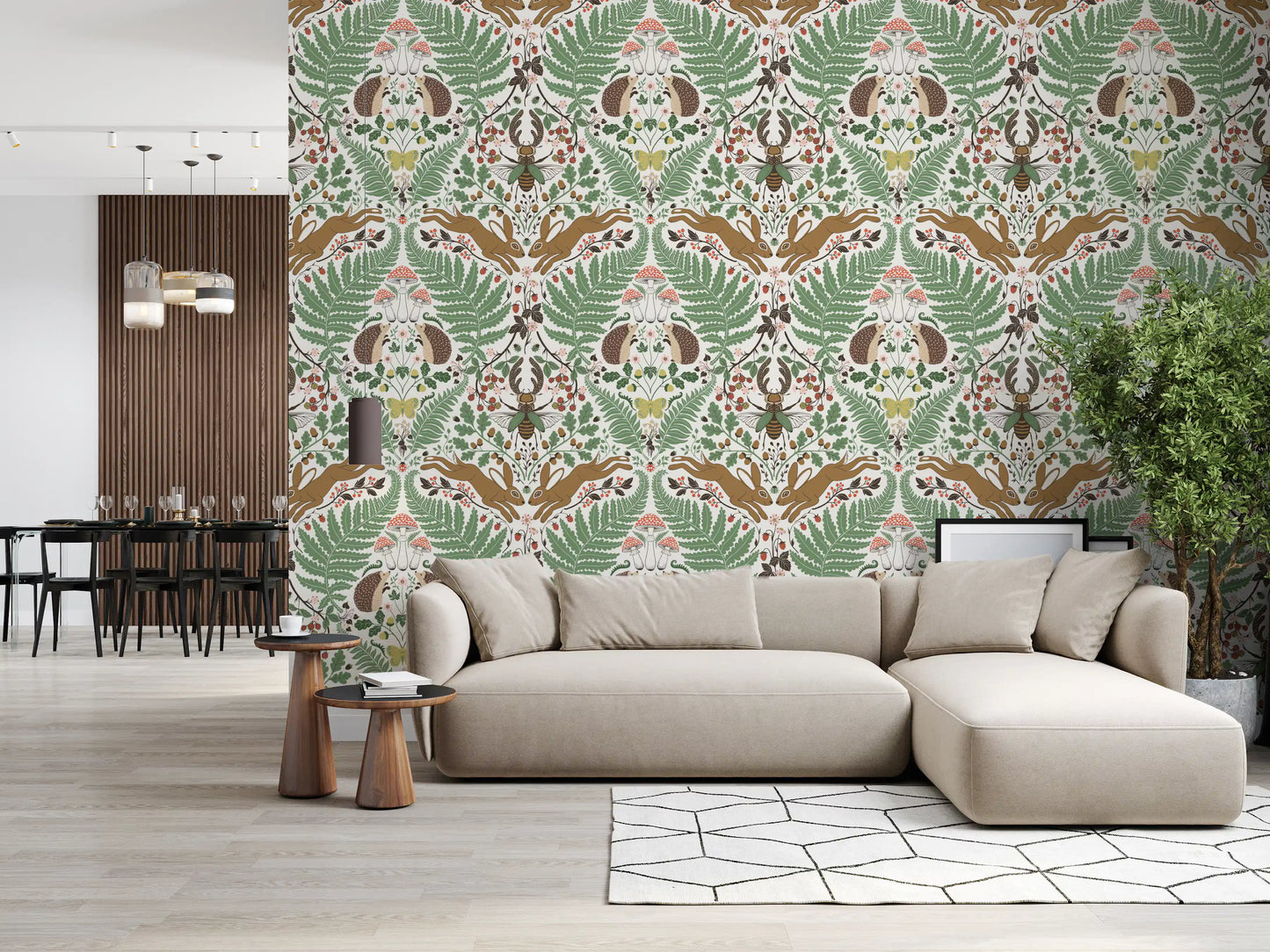 Mushrooms, butterflies, and ferns animate a Living room beside this sage wallpaper., GD9684