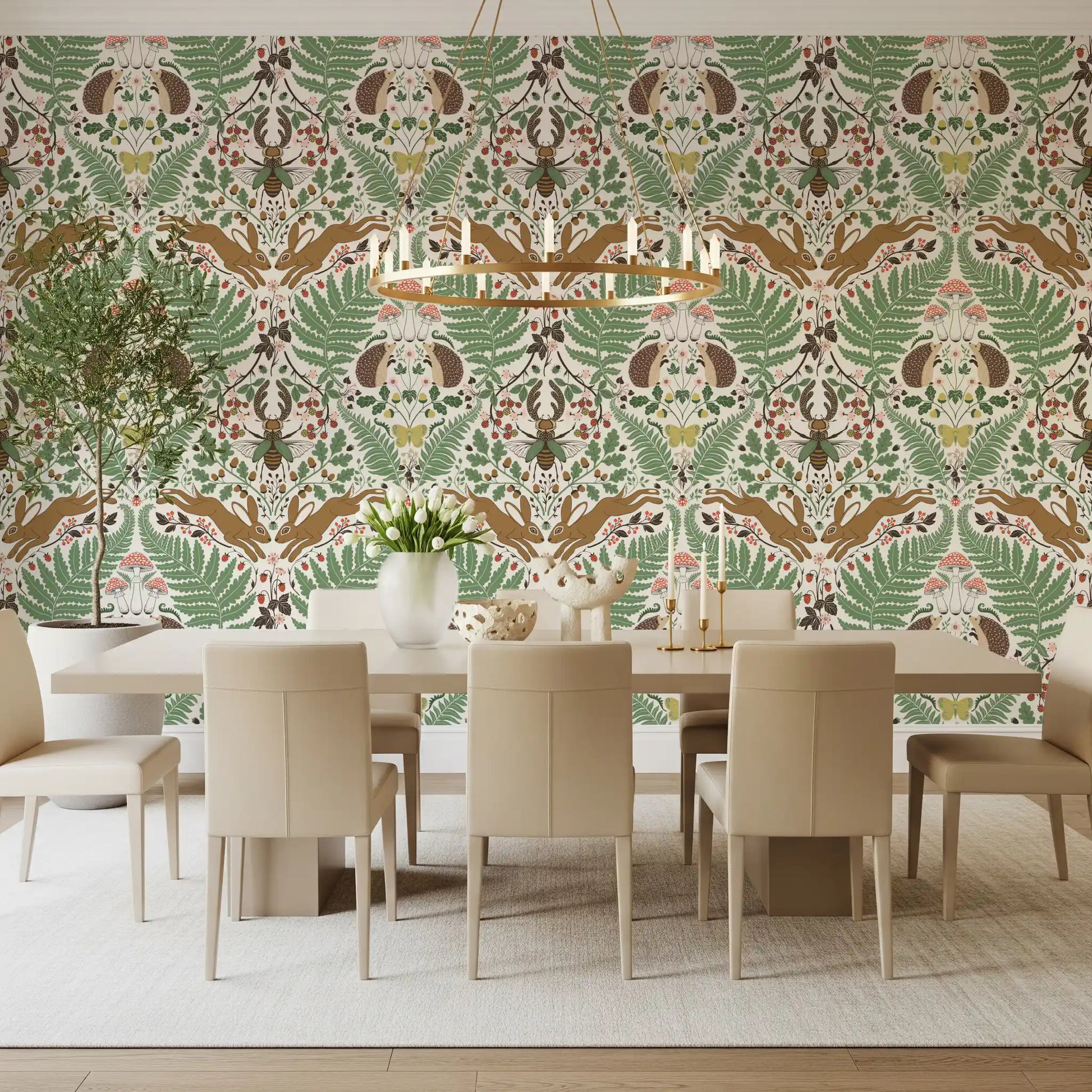 Ochre hares and red mushrooms wake a modern Dining room across this fern wallpaper., GD9684