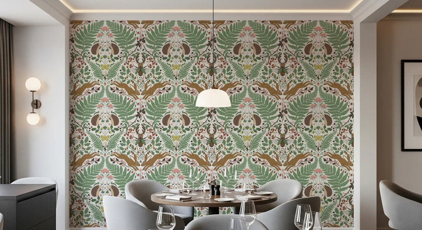 Two hedgehogs face each other at the center of this sage and ochre woodland wallpaper., GD9684