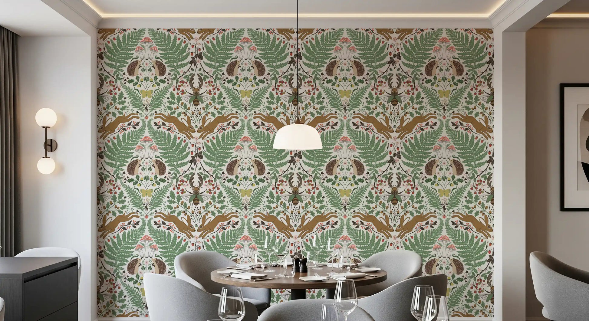 Two hedgehogs face each other at the center of this sage and ochre woodland wallpaper., GD9684