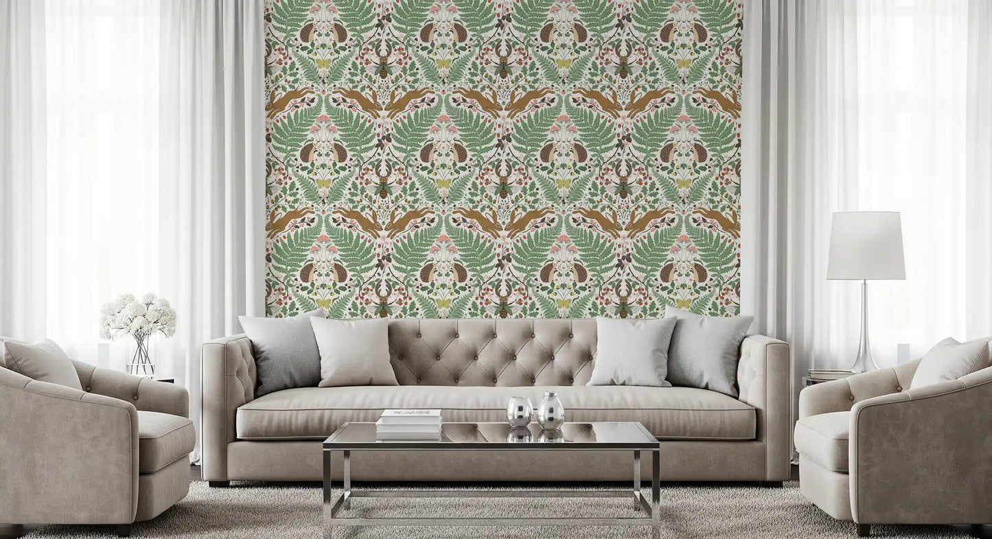Vintage botanical detail brings a Living room to life behind this woodland wallpaper., GD9684