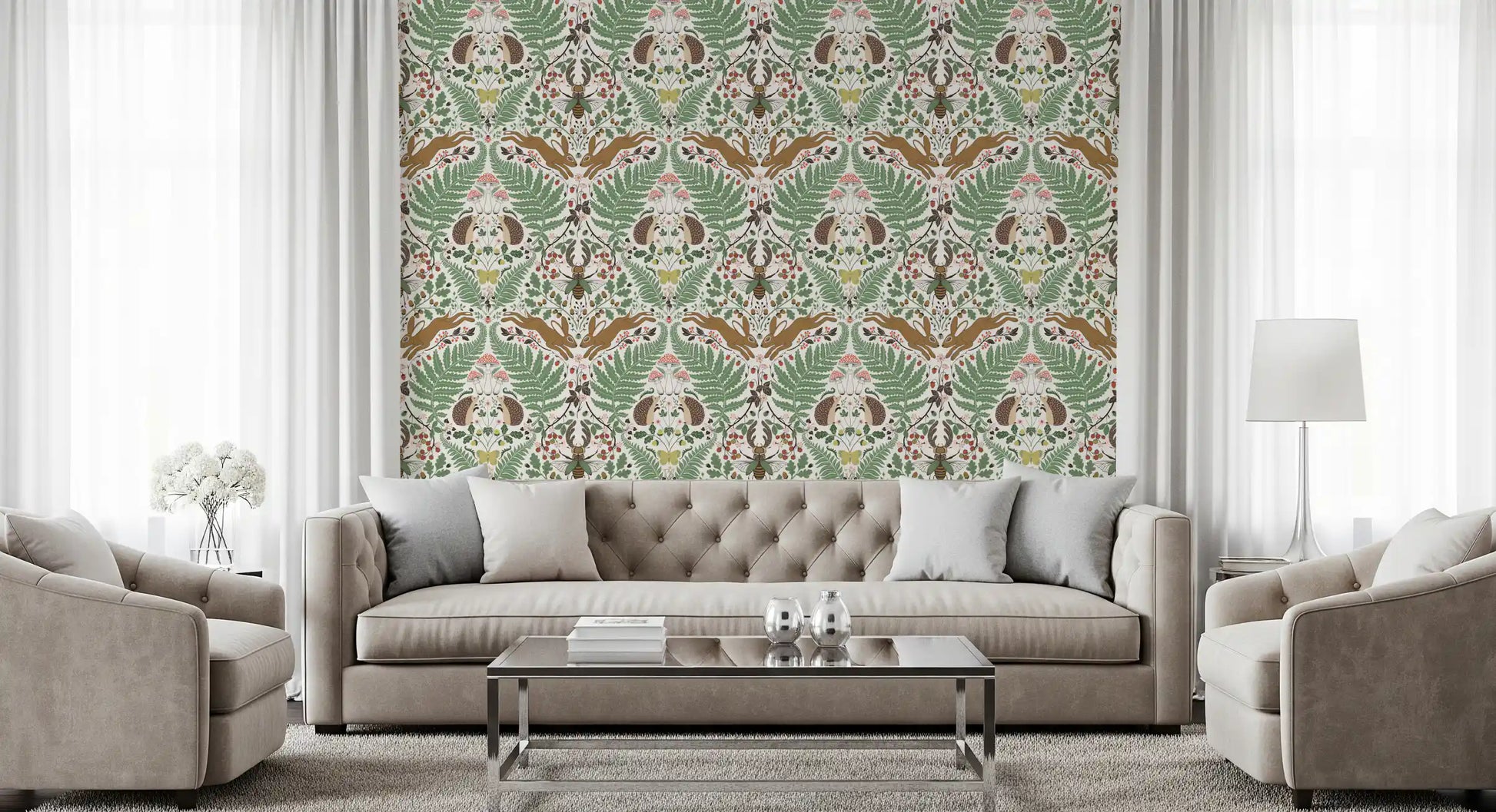 Vintage botanical detail brings a Living room to life behind this woodland wallpaper., GD9684