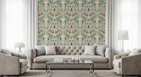 Vintage botanical detail brings a Living room to life behind this woodland wallpaper., GD9684