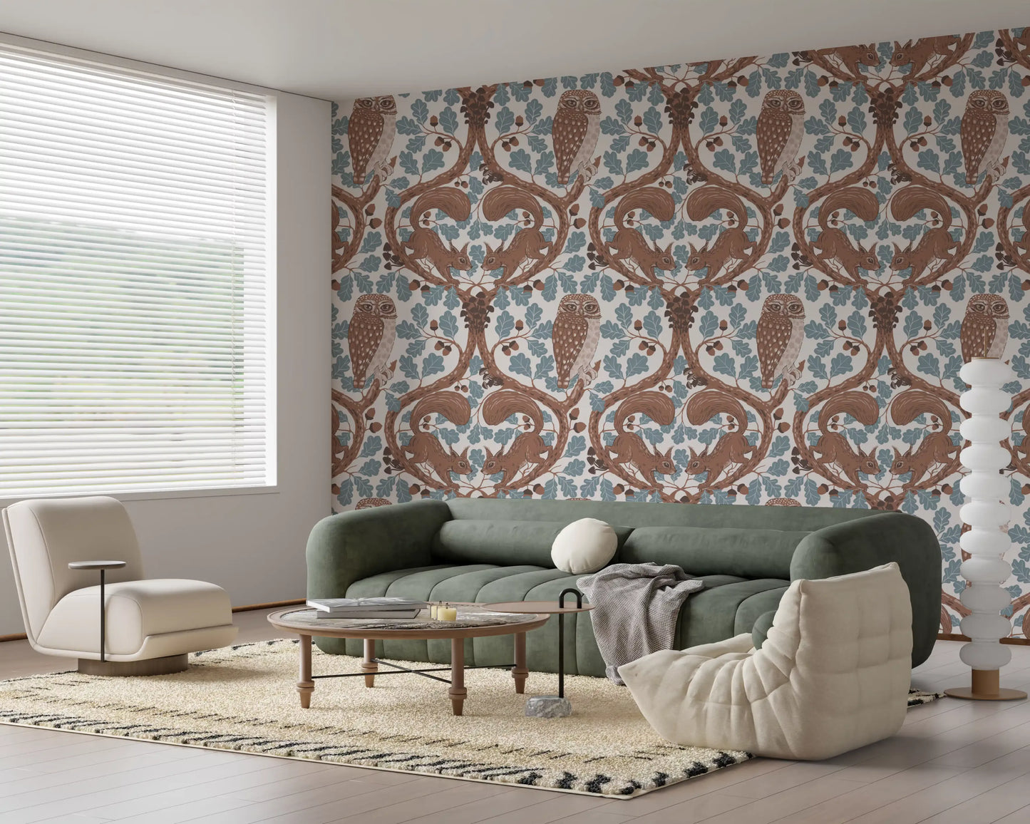 A relaxed living room takes on storybook charm beside this woodland whispers wallpaper., GD9685