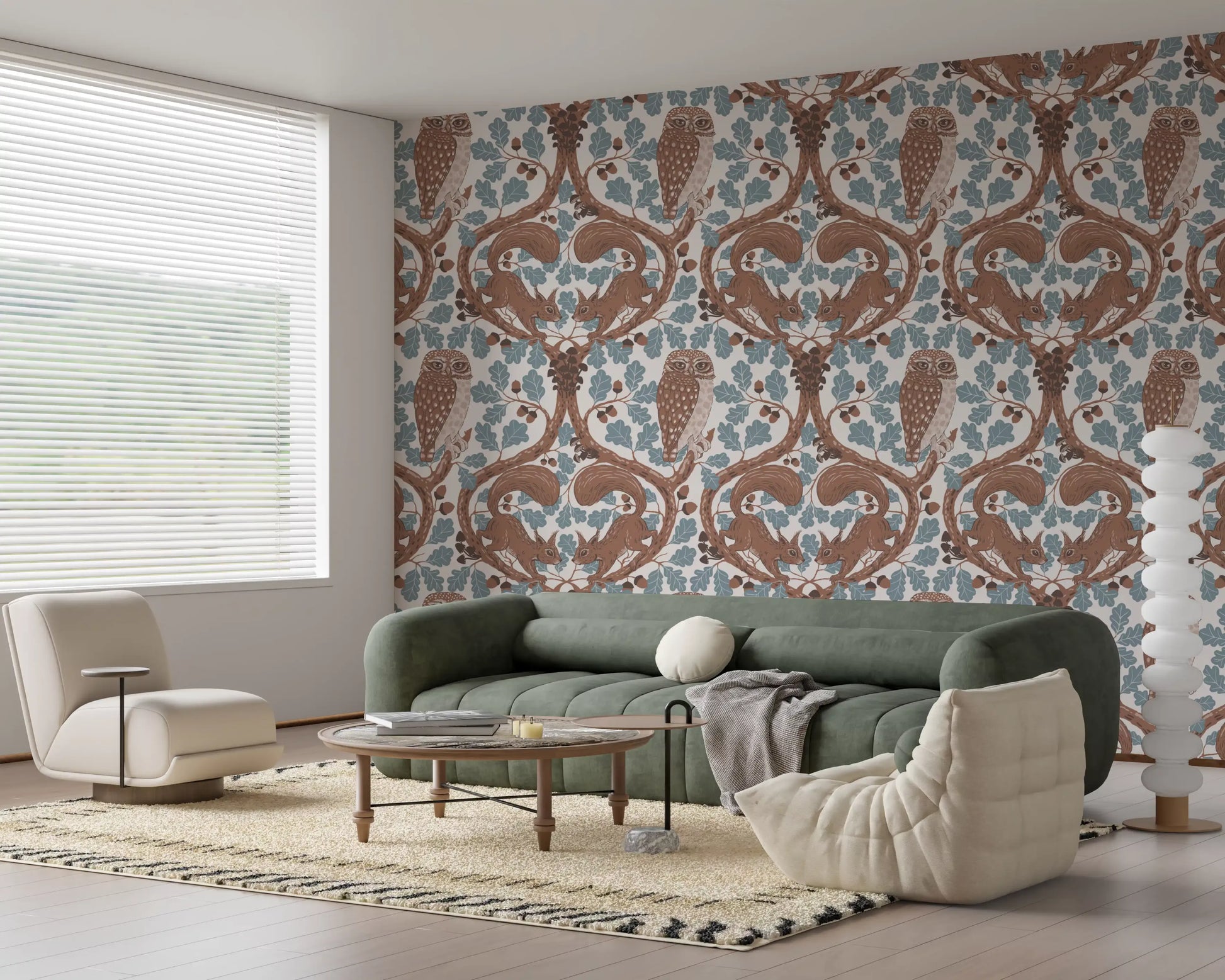 A relaxed living room takes on storybook charm beside this woodland whispers wallpaper., GD9685