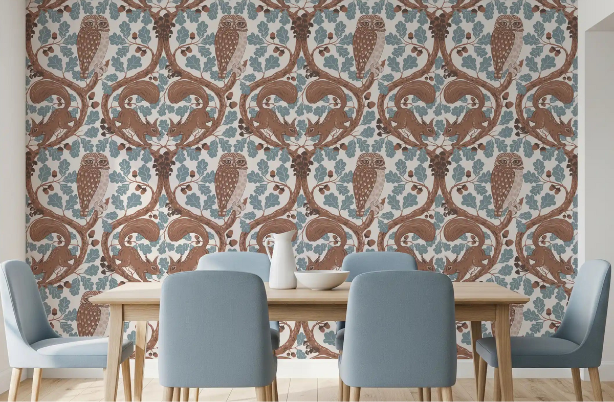 Dining rooms gain a vintage woodland feel from this blue leaf and mocha owl wallpaper., GD9685