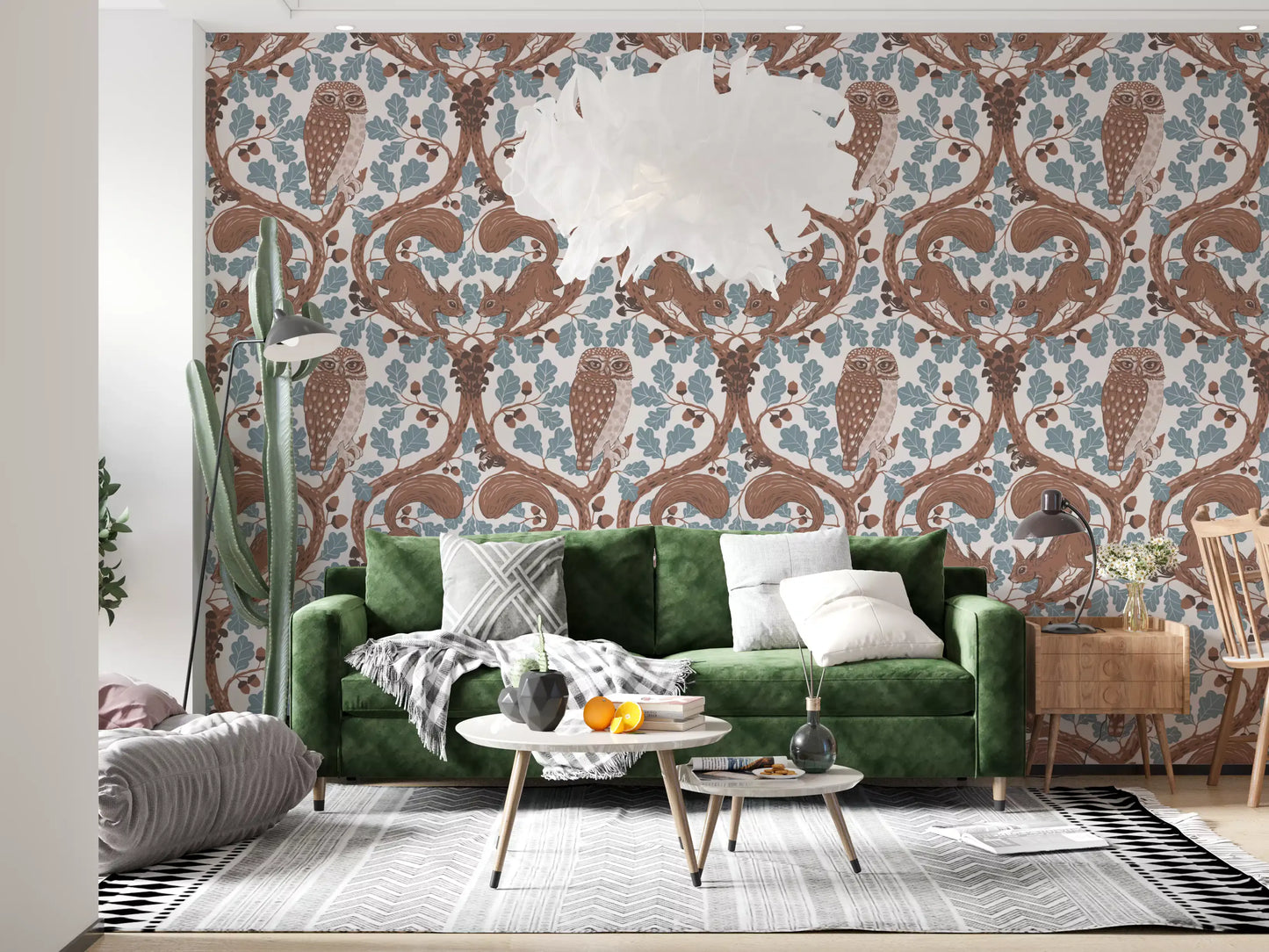 Brown acorn clusters rest along the leaf edges of this blue oak leaf wallpaper., GD9685