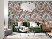Brown acorn clusters rest along the leaf edges of this blue oak leaf wallpaper., GD9685