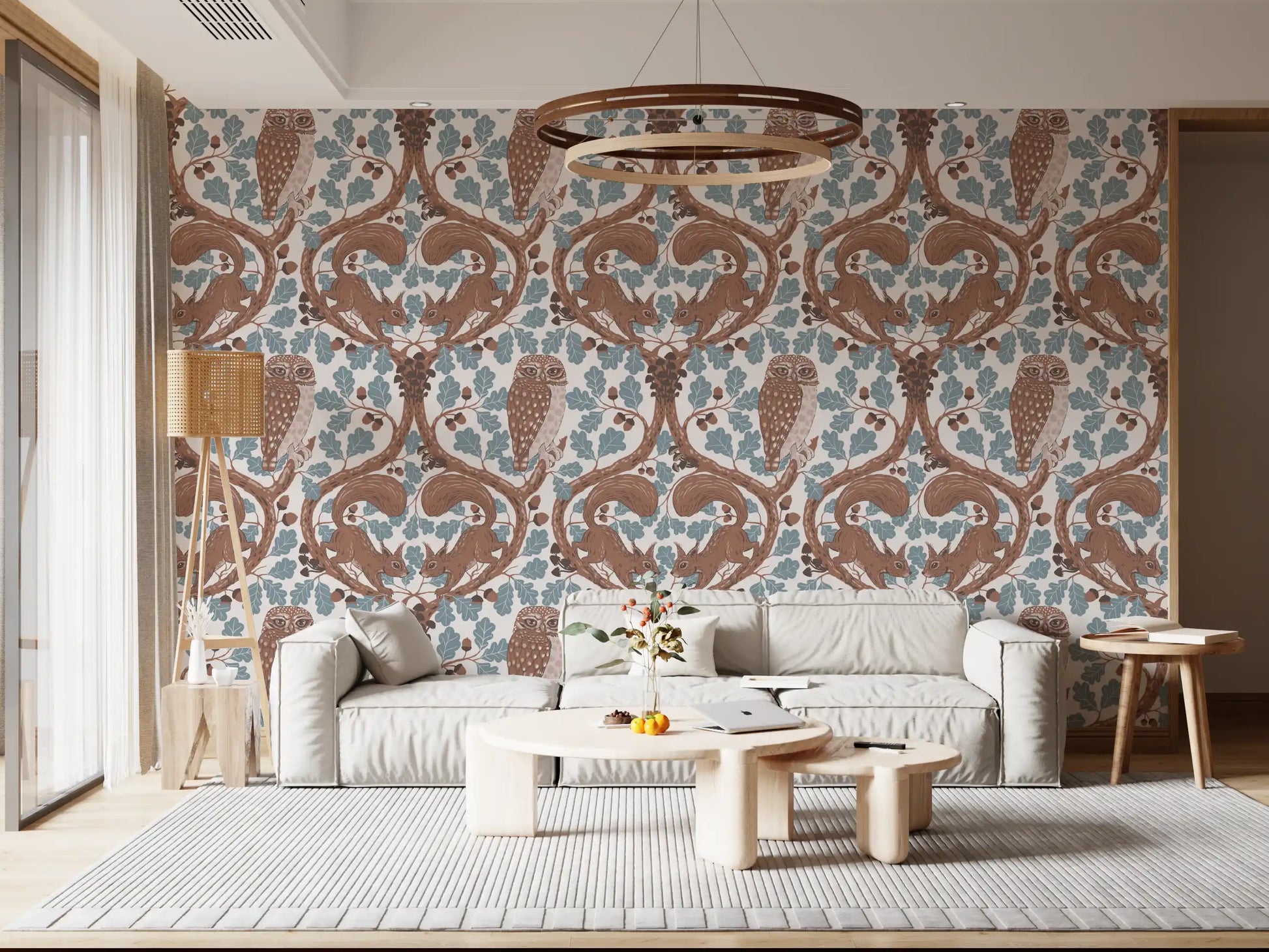 Dusty blue oak leaves spread between the branches of this woodland whispers wallpaper., GD9685