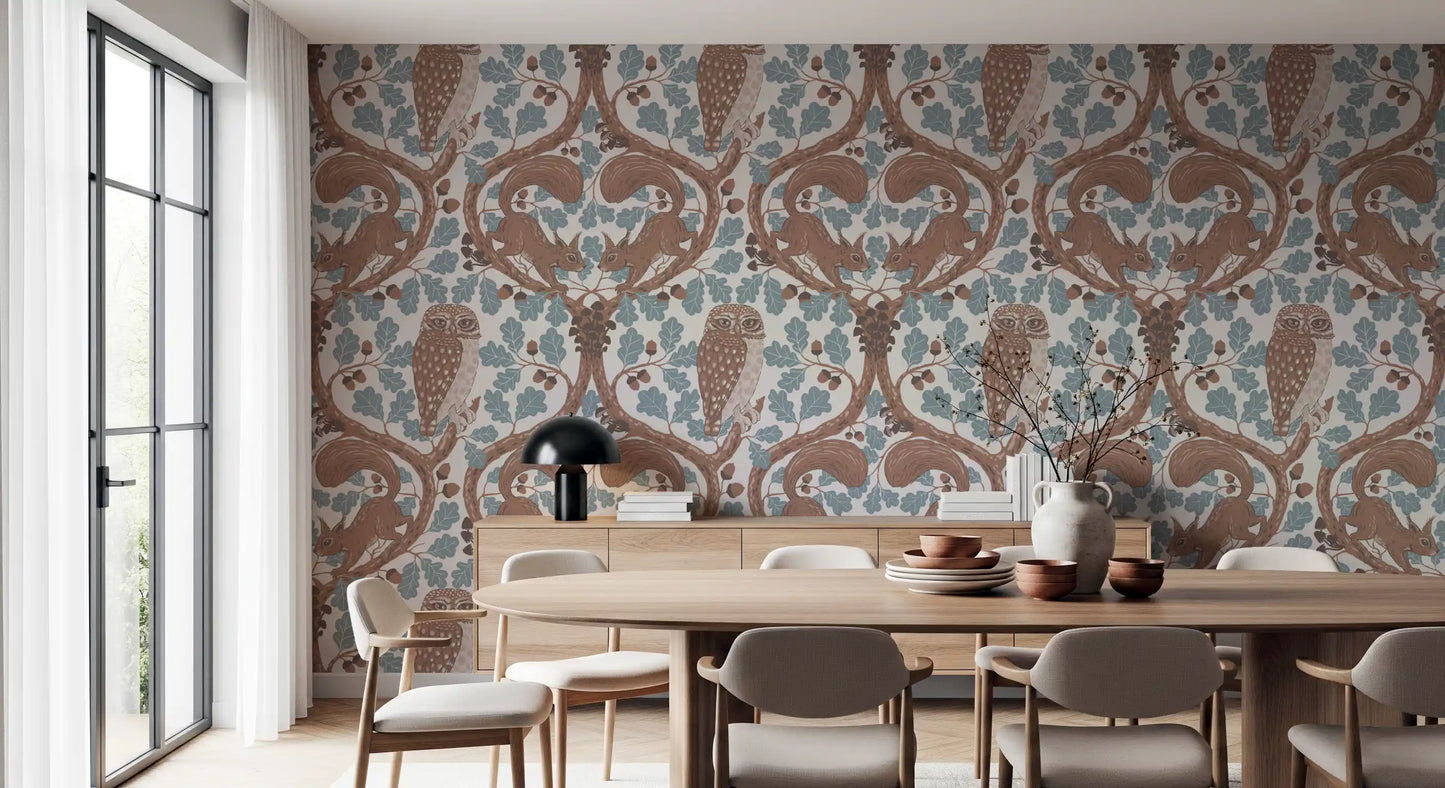 An alert owl looks straight ahead from the center of this blue oak wallpaper., GD9685