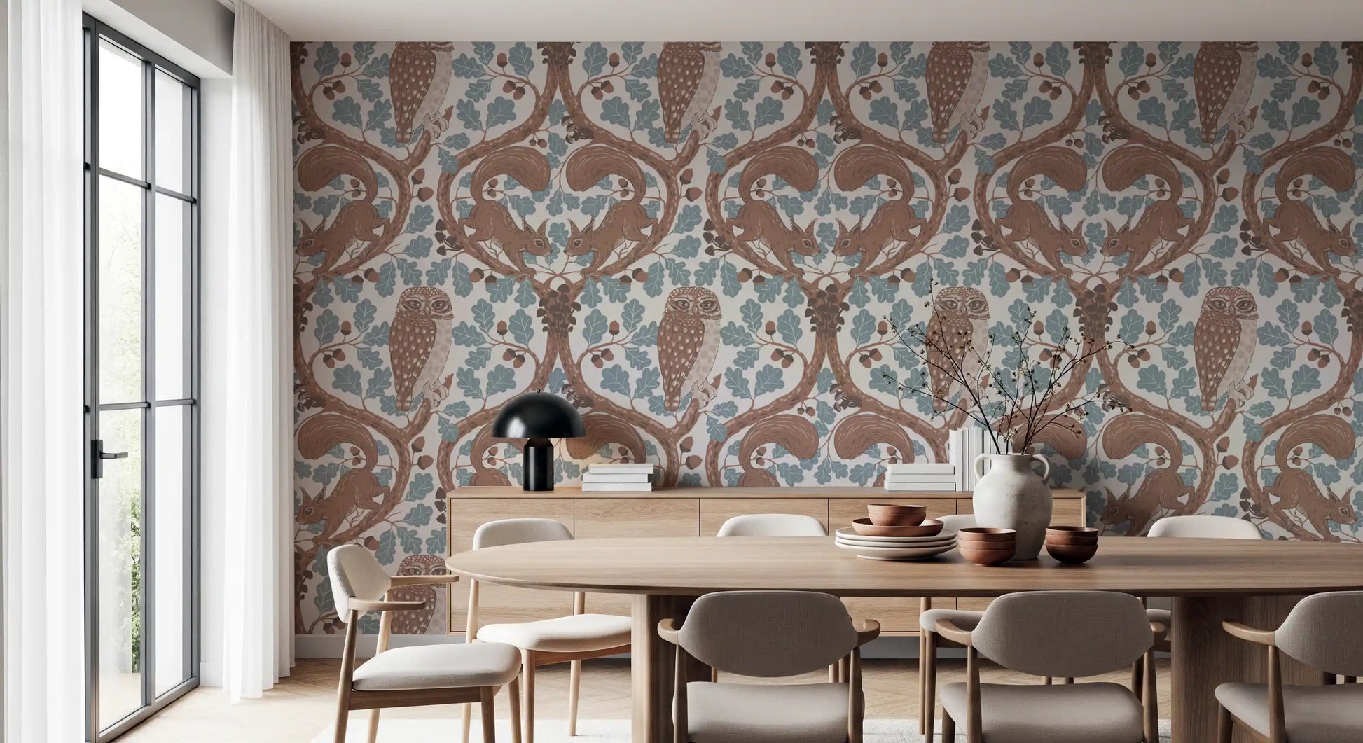 An alert owl looks straight ahead from the center of this blue oak wallpaper., GD9685