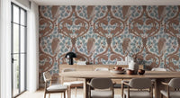 An alert owl looks straight ahead from the center of this blue oak wallpaper., GD9685