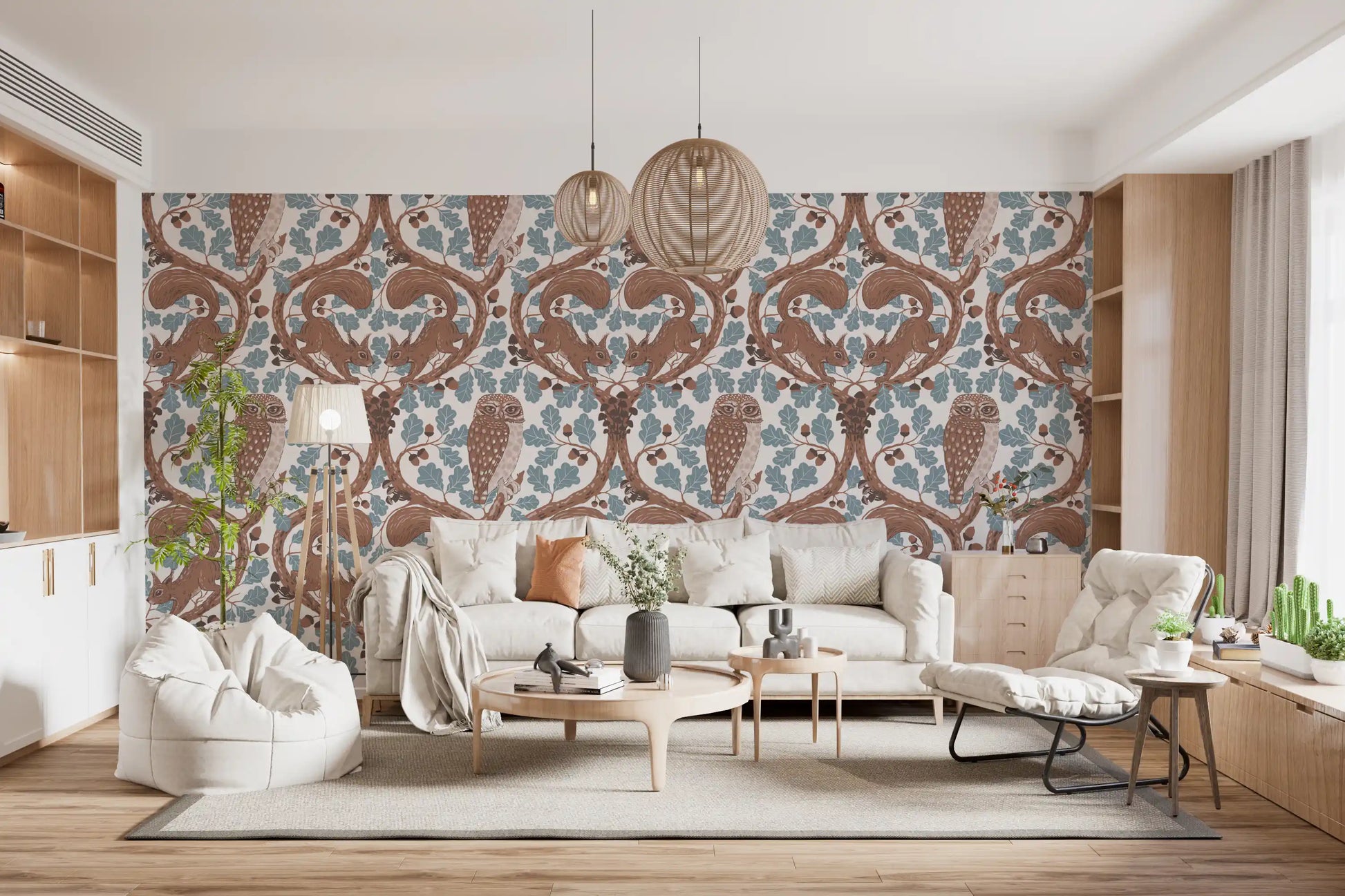 Blue oak leaves and acorns frame a quiet lounge across this woodland wallpaper., GD9685