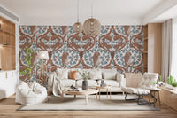Blue oak leaves and acorns frame a quiet lounge across this woodland wallpaper., GD9685