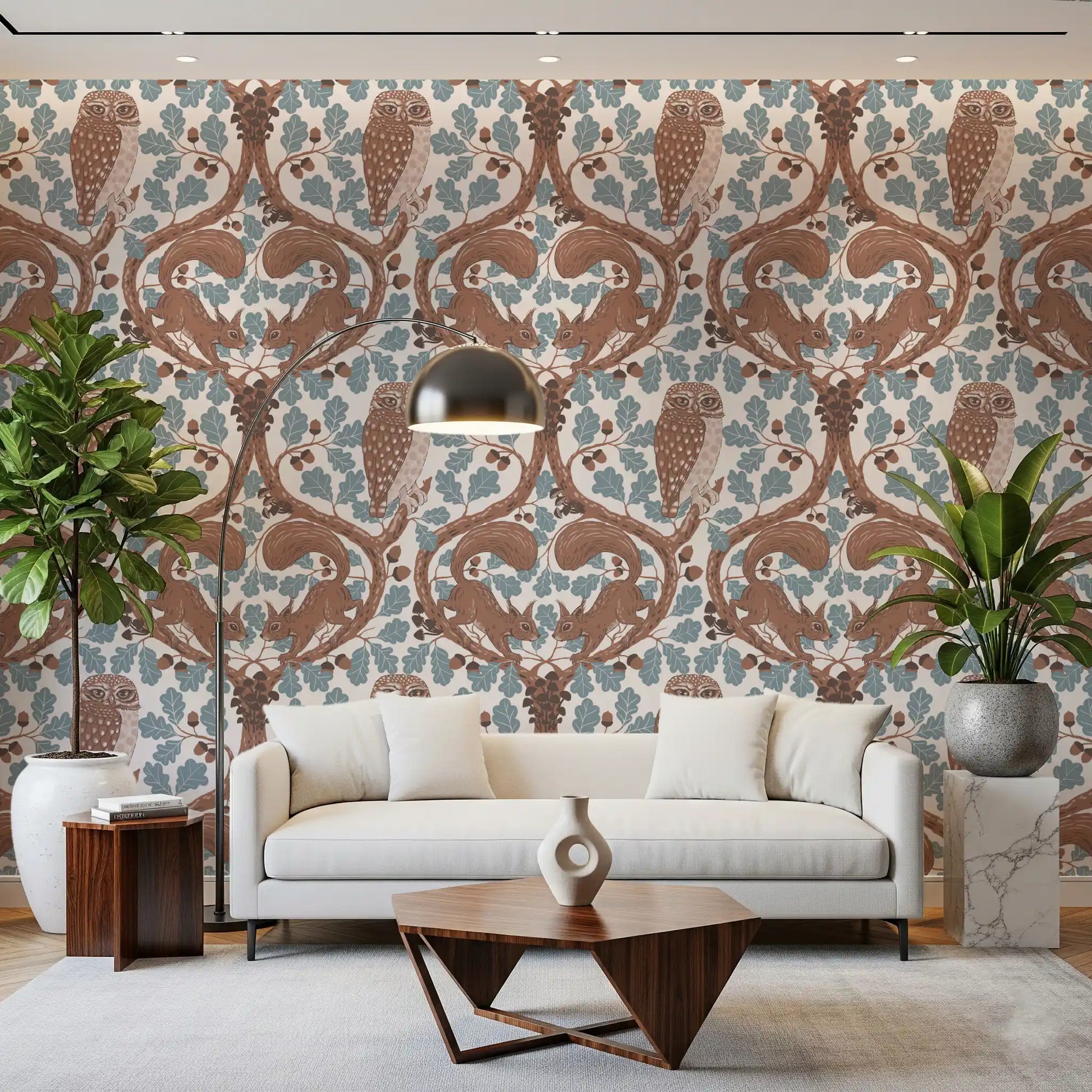 This blue oak woodland wallpaper draws focus into a modern living room space., GD9685