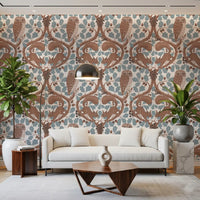 This blue oak woodland wallpaper draws focus into a modern living room space., GD9685