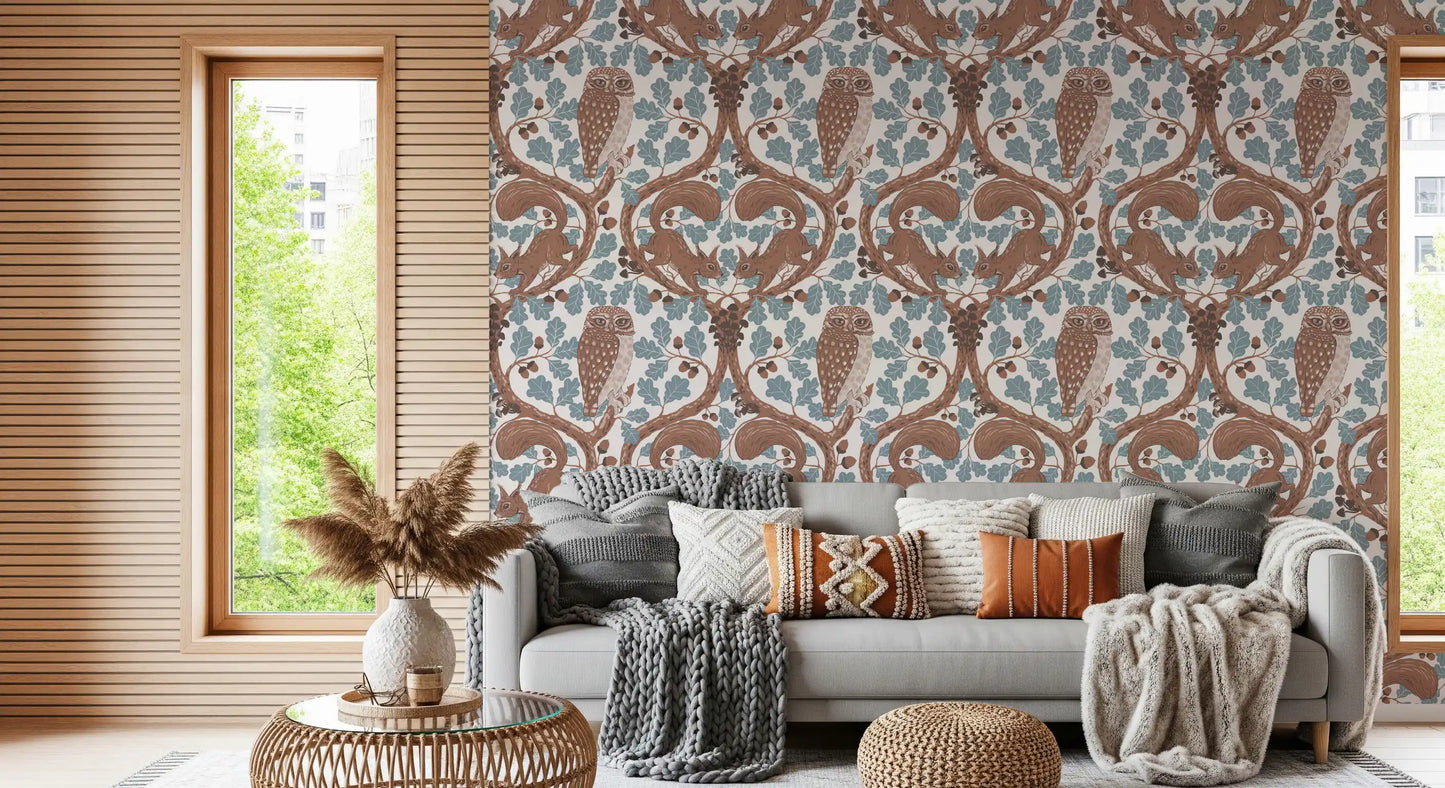Curving brown branches loop into a family room from this blue oak owl wallpaper., GD9685