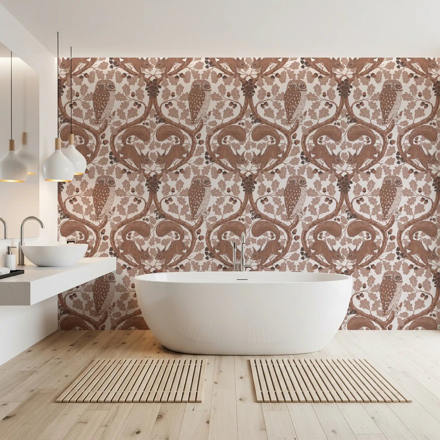 Small acorns dot the branches and stems of this mocha mousse wallpaper repeat.