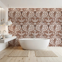 Small acorns dot the branches and stems of this mocha mousse wallpaper repeat.