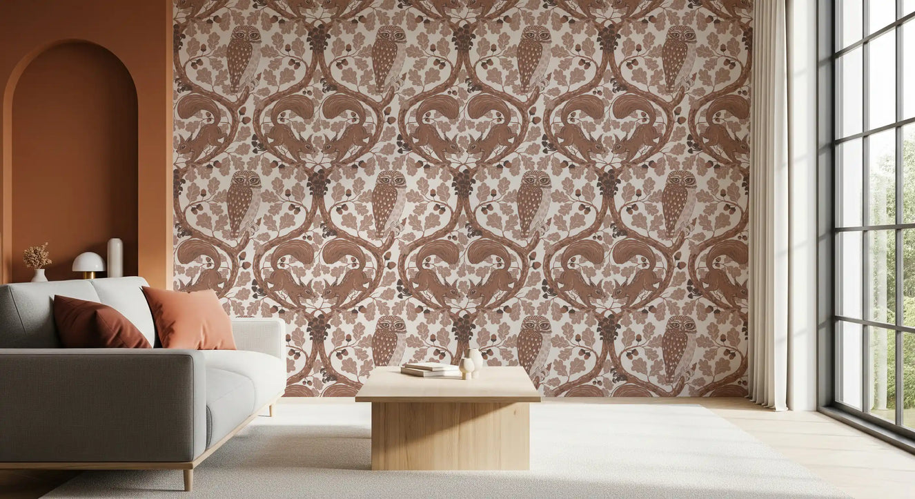 A snug Living room warms up against this owls and squirrels mocha brown wallpaper.