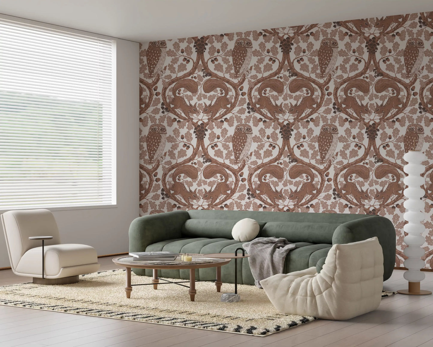 Tonal browns wrap a relaxed living room in this woodland oak and owl wallpaper.