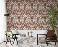 Mocha brown owl sits at the center of this woodland whispers wallpaper repeat.
