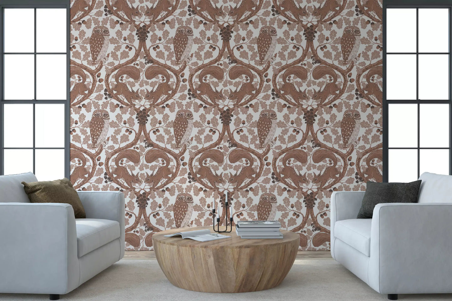 Coffee-toned squirrels frame the upper edges of this owls and oak wallpaper.