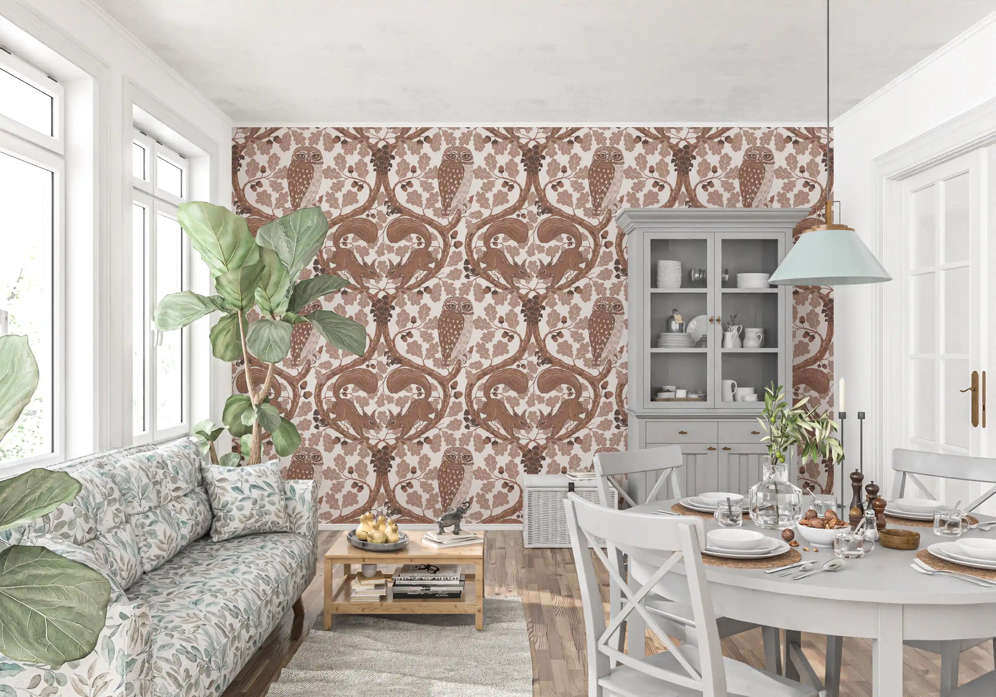 Oak leaves in tonal cream and brown fan out across this woodland wallpaper.