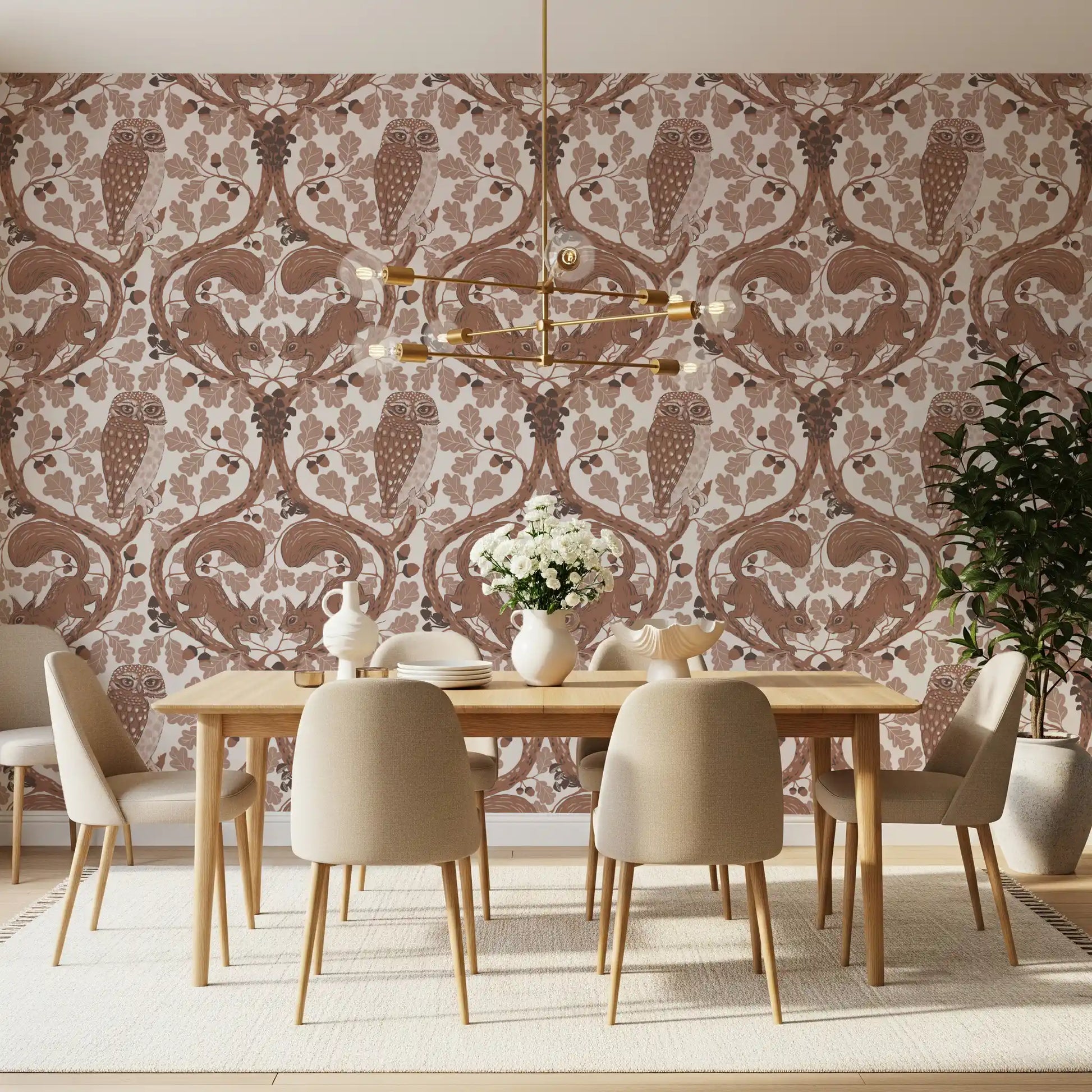 Coffee brown tones suit a calm dining room against this woodland whispers wallpaper.
