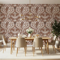 Coffee brown tones suit a calm dining room against this woodland whispers wallpaper.