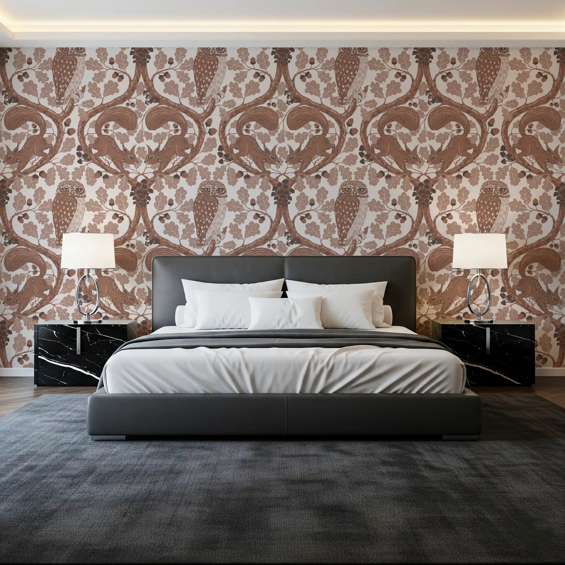 Above a serene bedroom, this woodland whispers brown wallpaper warms the entire space.