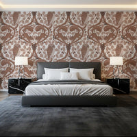 Above a serene bedroom, this woodland whispers brown wallpaper warms the entire space.