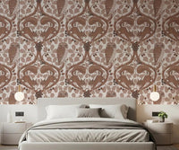 Bedroom corners feel layered and cozy beside this mocha woodland whispers wallpaper.