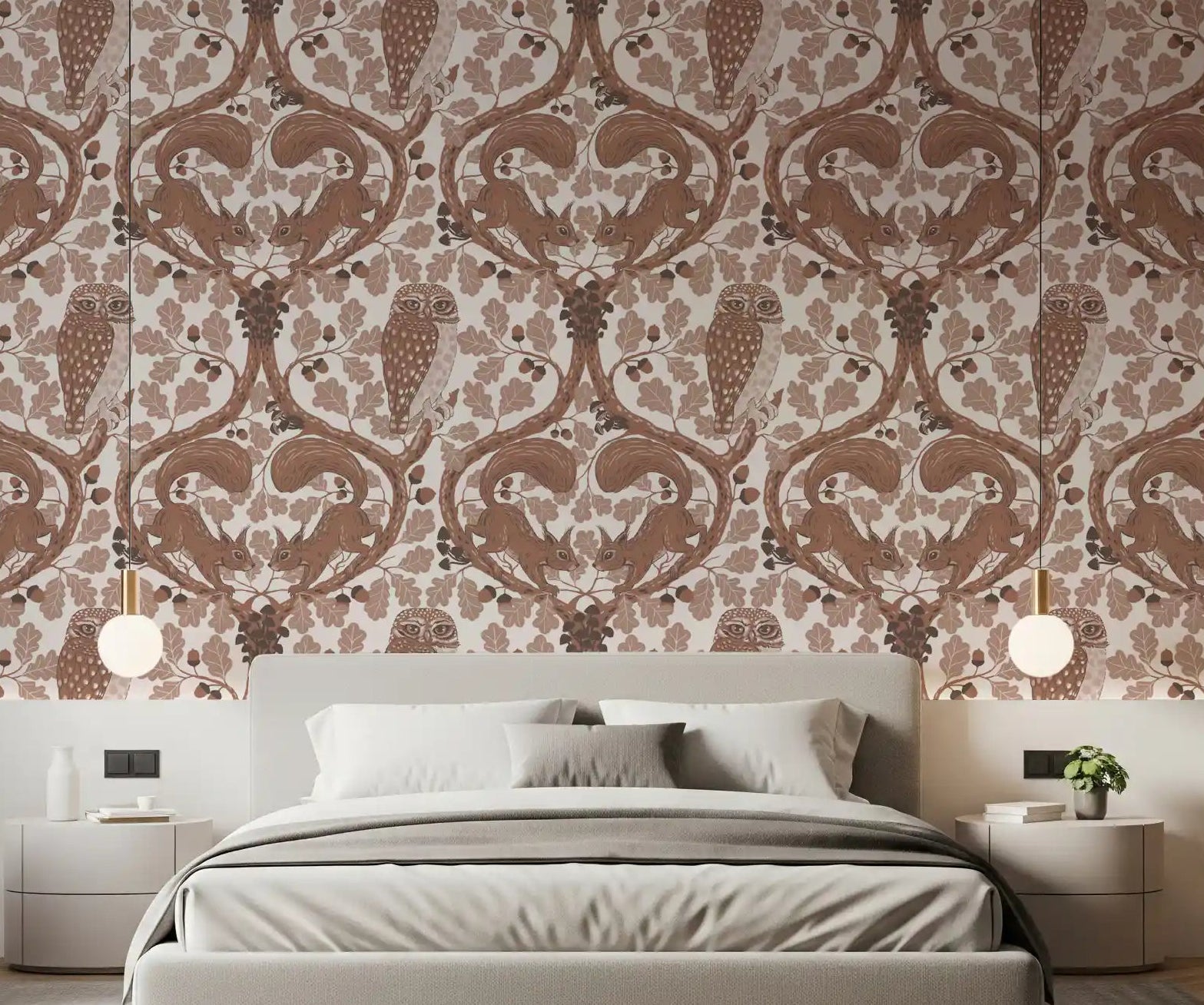 Bedroom corners feel layered and cozy beside this mocha woodland whispers wallpaper., GD9686