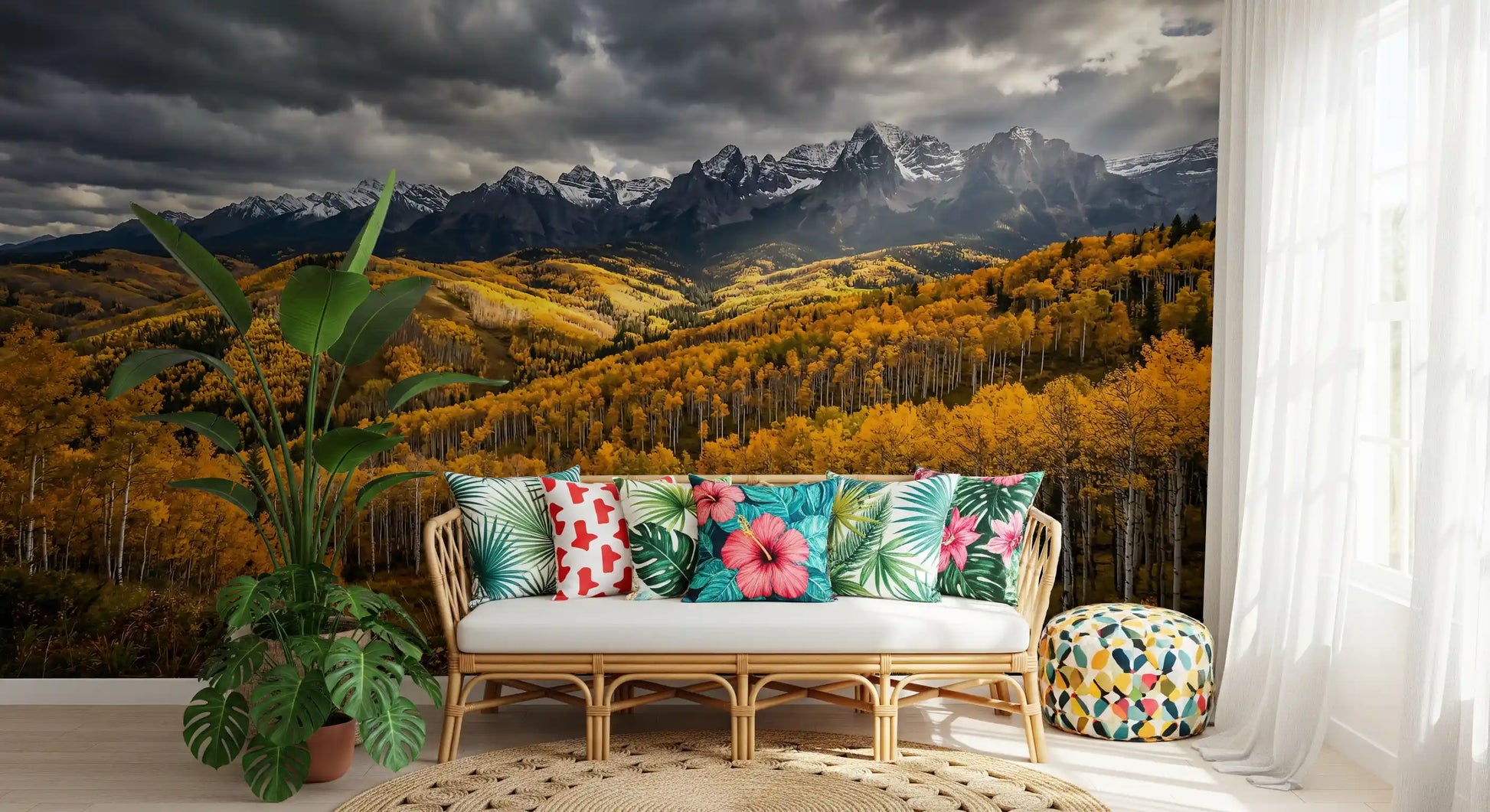 Heavy storm clouds drift across the mountains of this Rocky Mountain wall mural.