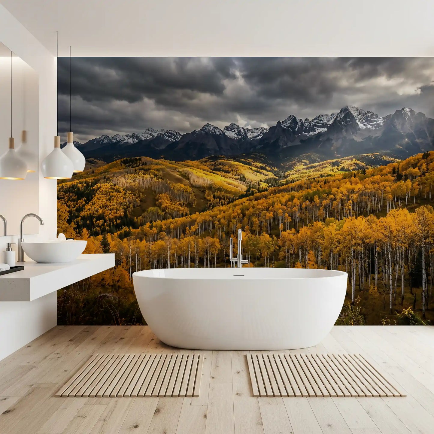 A spa-like bathroom feels grounded against this autumn aspen wall mural backdrop.