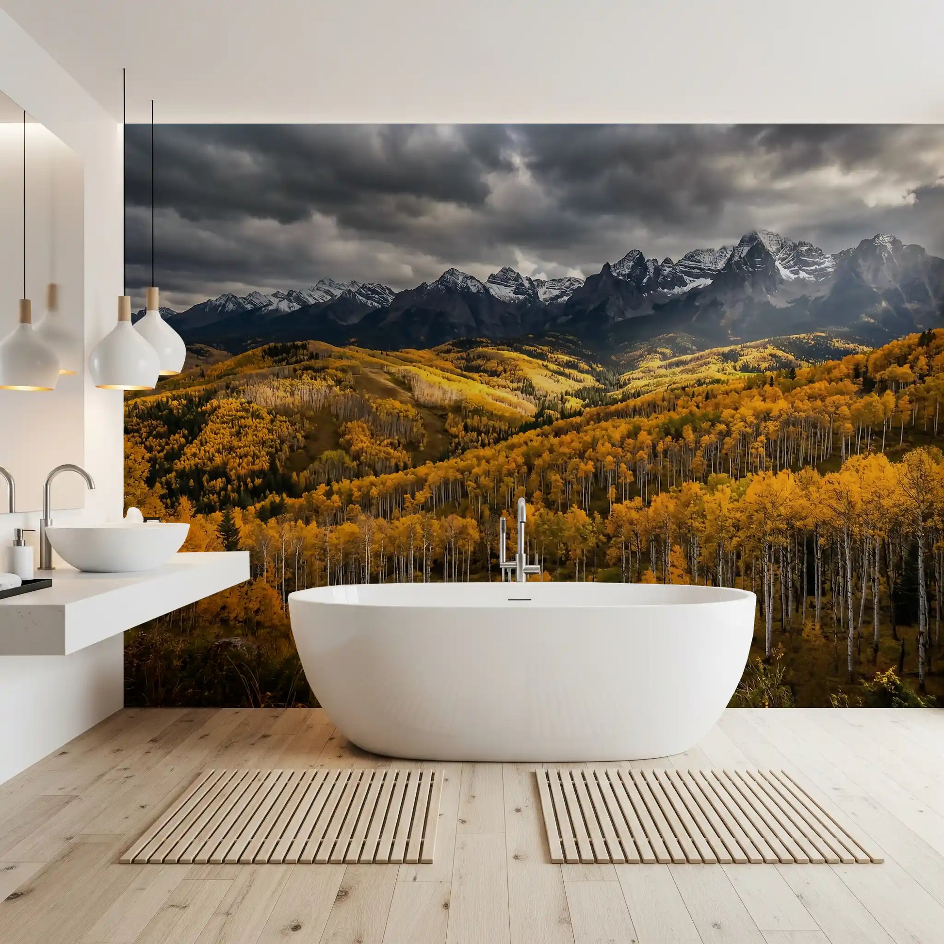 A spa-like bathroom feels grounded against this autumn aspen wall mural backdrop.