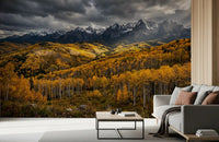 Autumn's golden embrace wall mural opens up a relaxed living room with mountain depth.