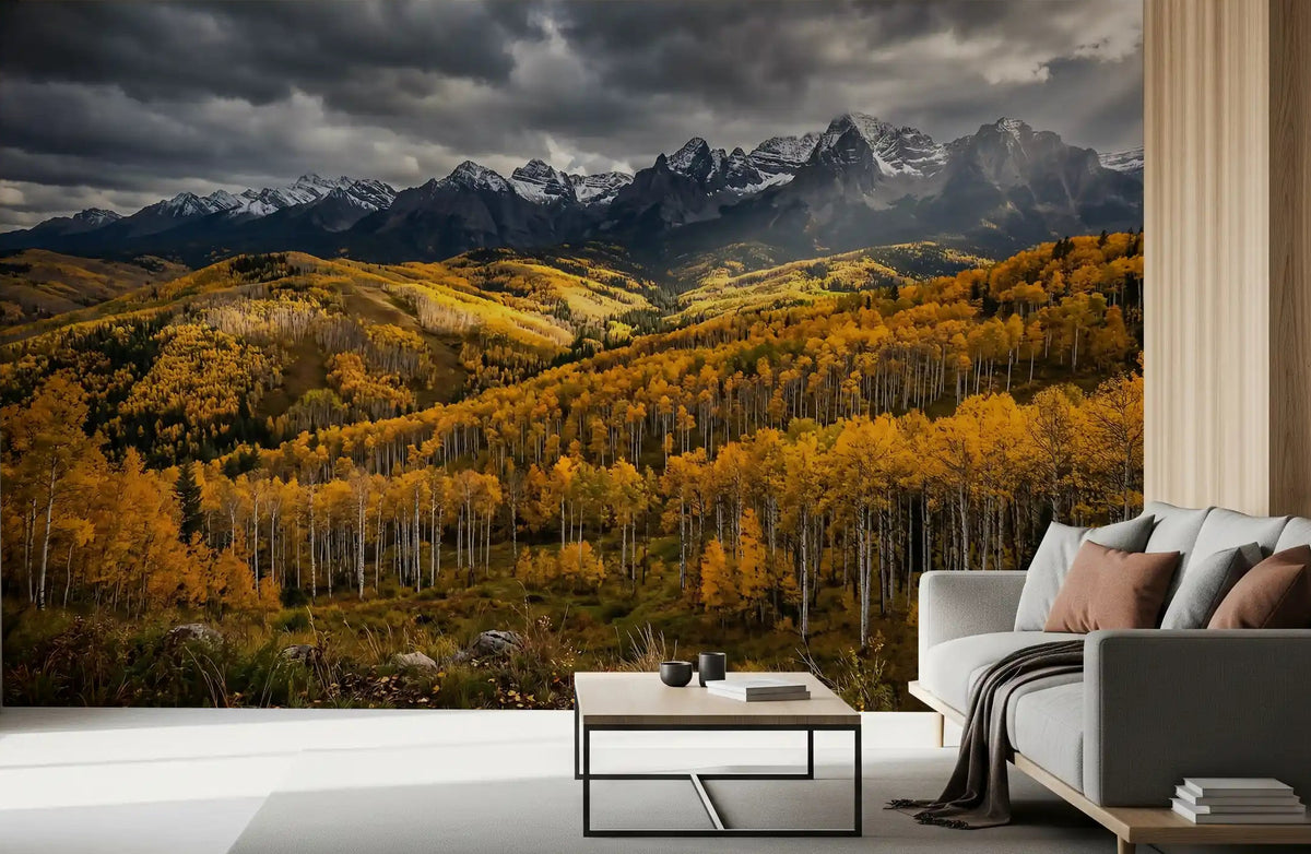 Autumn's golden embrace wall mural opens up a relaxed living room with mountain depth., GD9687