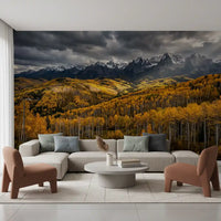Snow-capped peaks rise above golden aspen forest in this autumn wall mural.