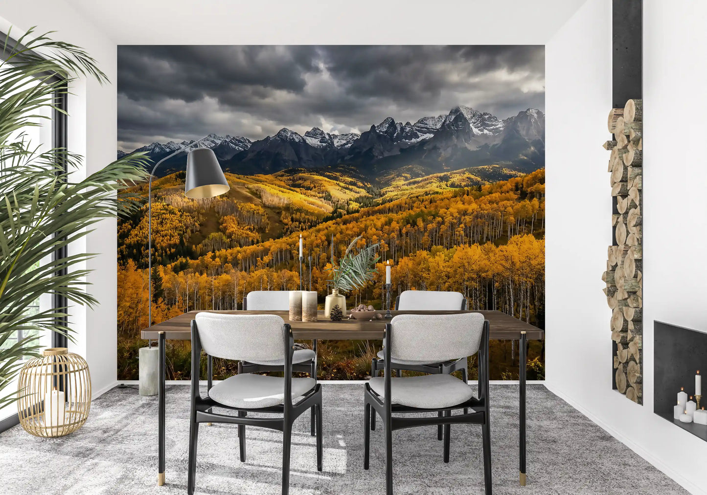 Dining rooms feel scenic and wide-open beside this autumn aspen mountain wall mural.