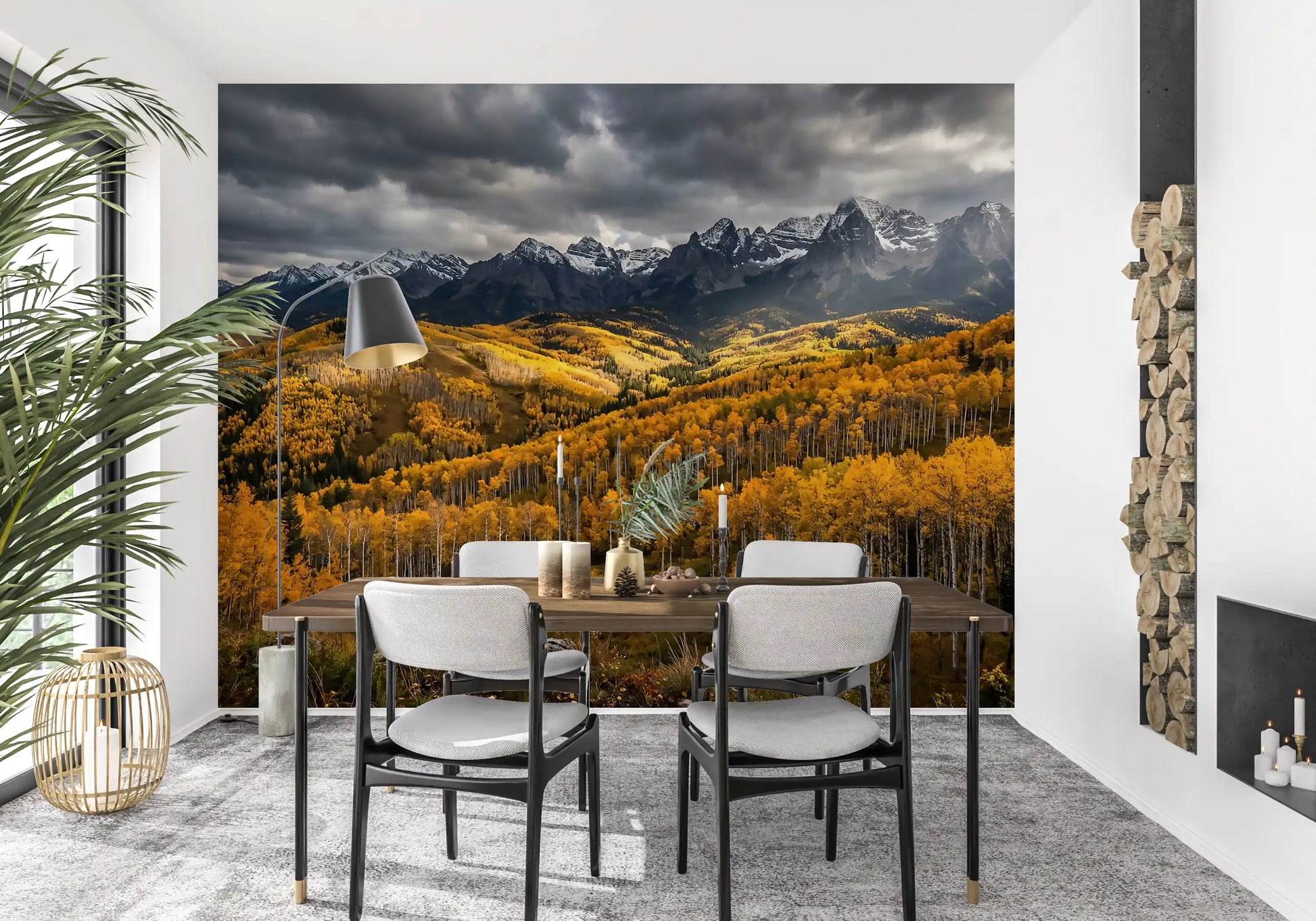 Dining rooms feel scenic and wide-open beside this autumn aspen mountain wall mural.