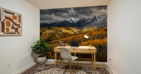 Storm clouds and golden aspens wrap a Study area in this autumn embrace wall mural.