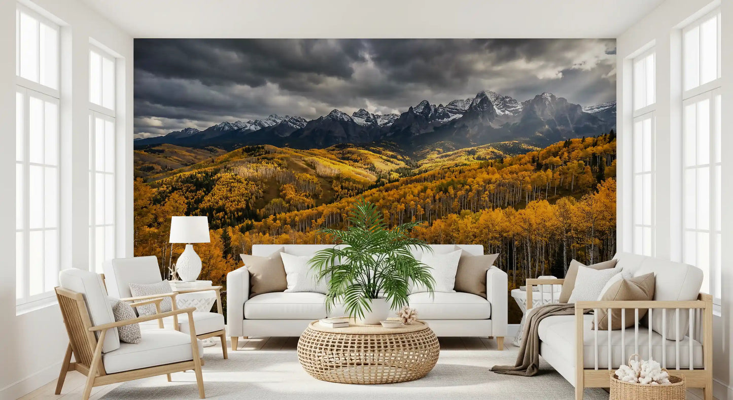 A modern living room takes on Rocky Mountain calm through this autumn wall mural.