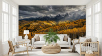 A modern living room takes on Rocky Mountain calm through this autumn wall mural.