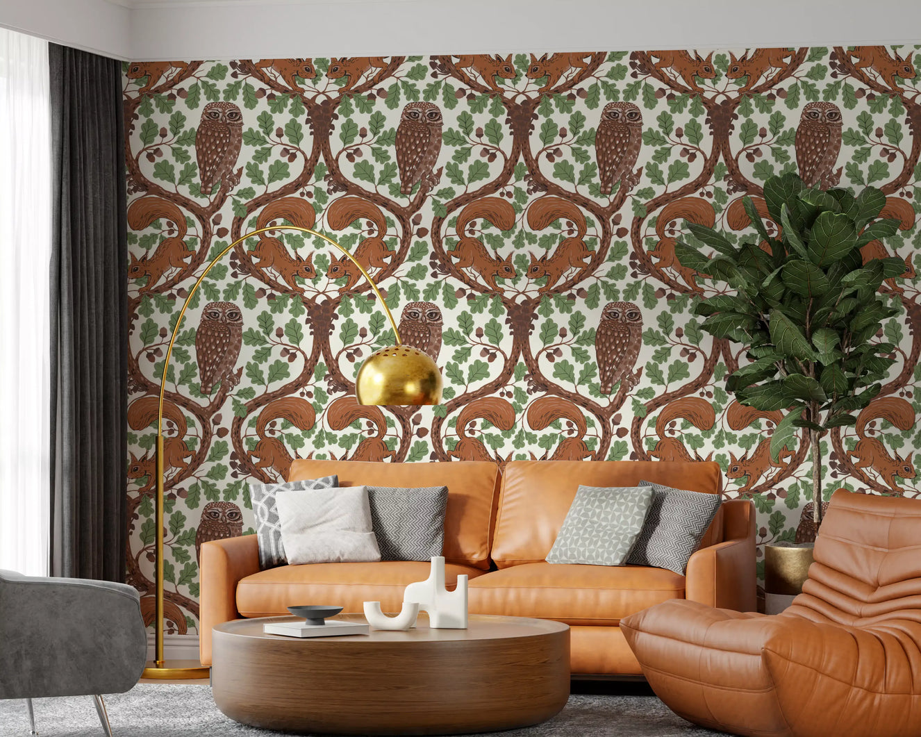 Owls and squirrels watch over a calm living room from this woodland wallpaper.