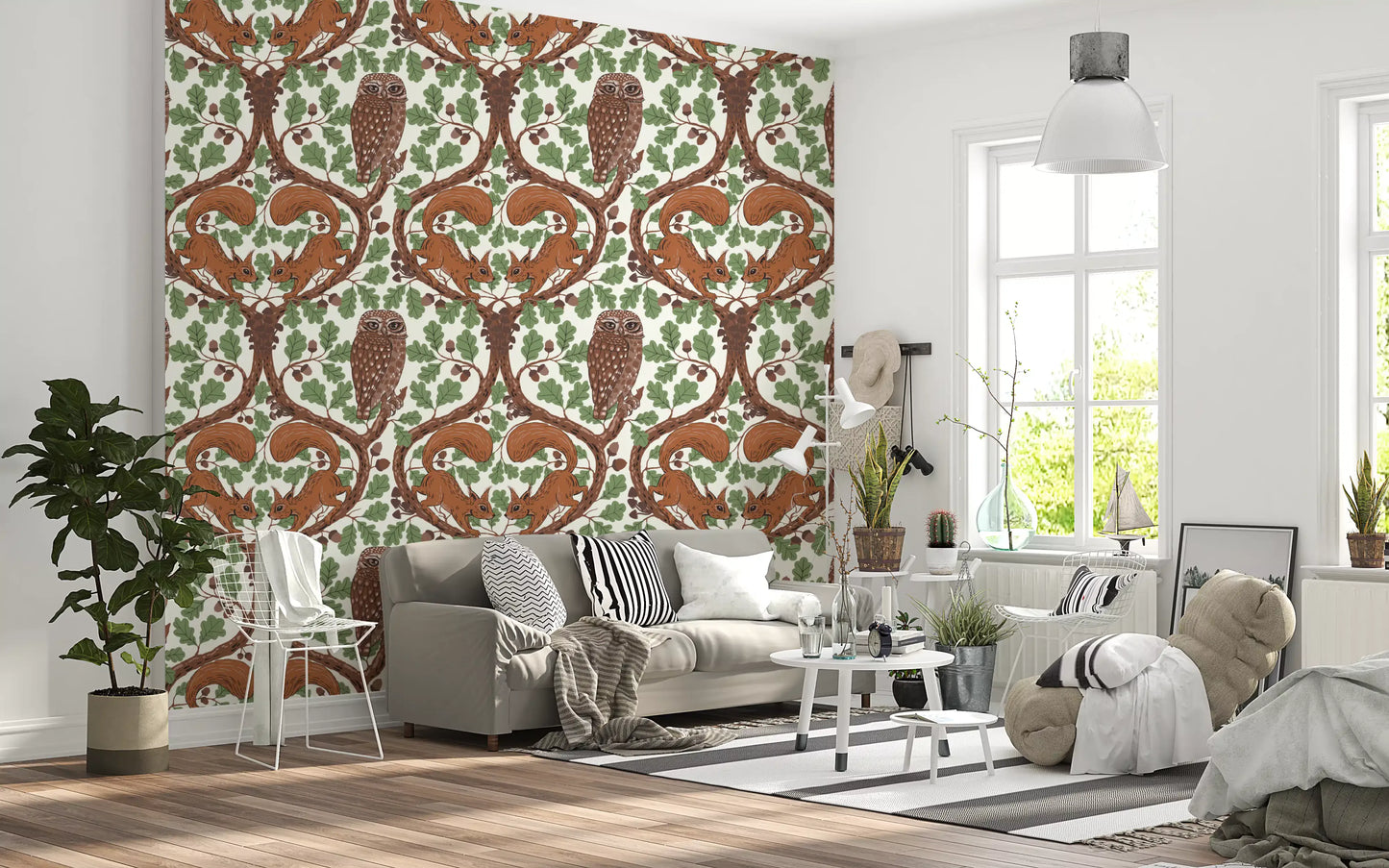 Bring vintage woodland charm into a living room with this owls and squirrels wallpaper.