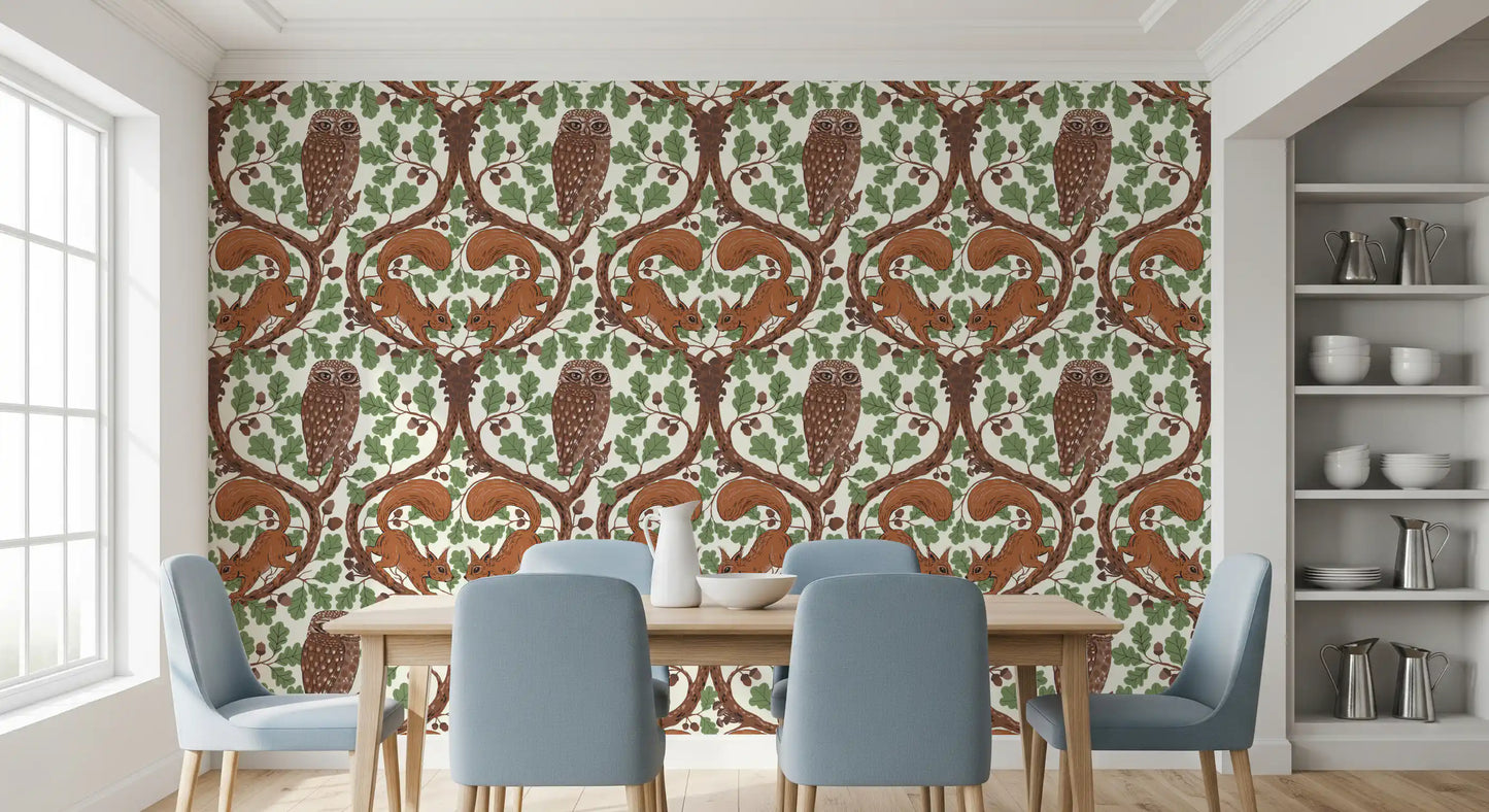 Two red squirrels climb the upper corners of this oak woodland wallpaper.