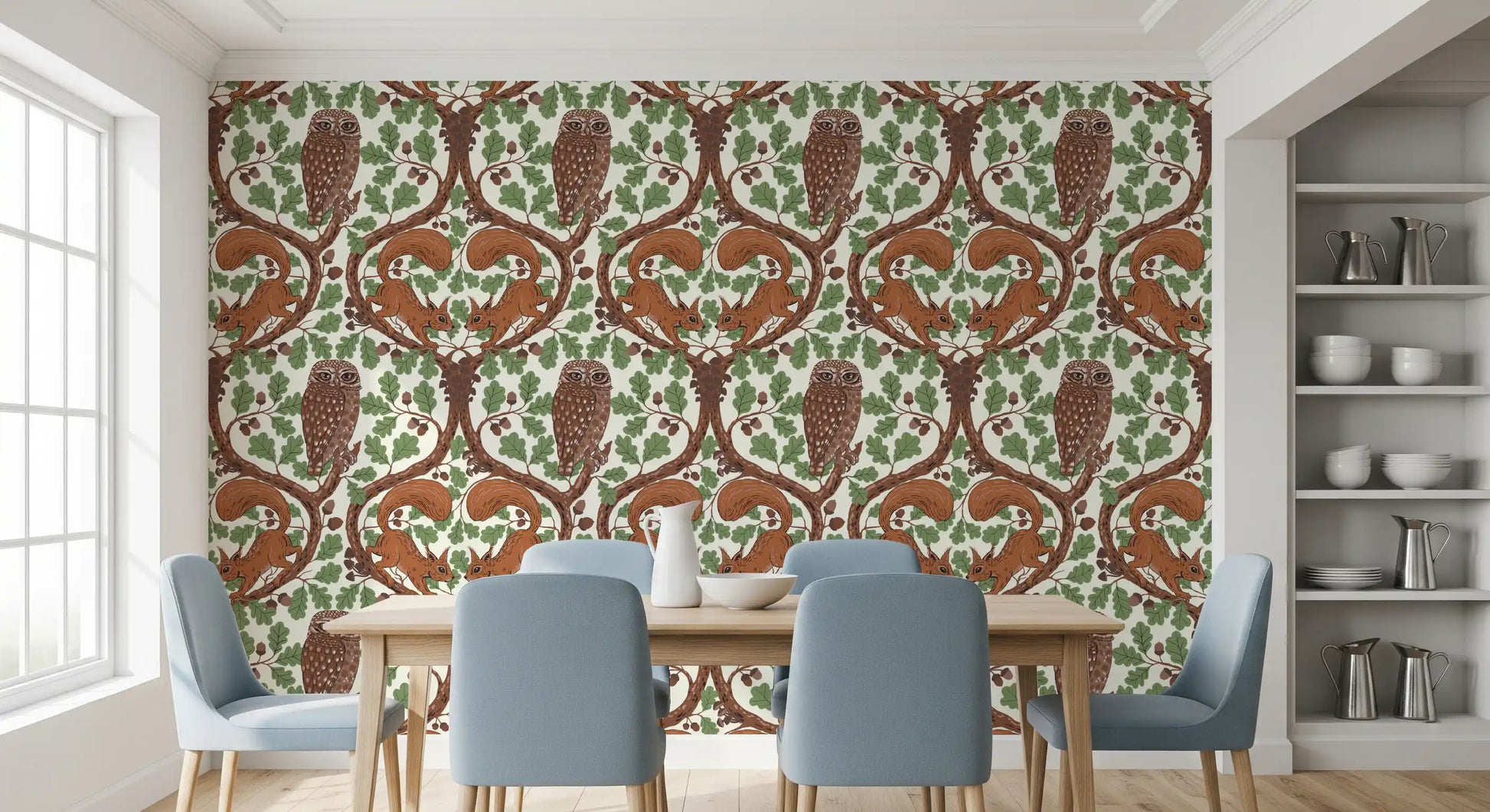 Two red squirrels climb the upper corners of this oak woodland wallpaper.